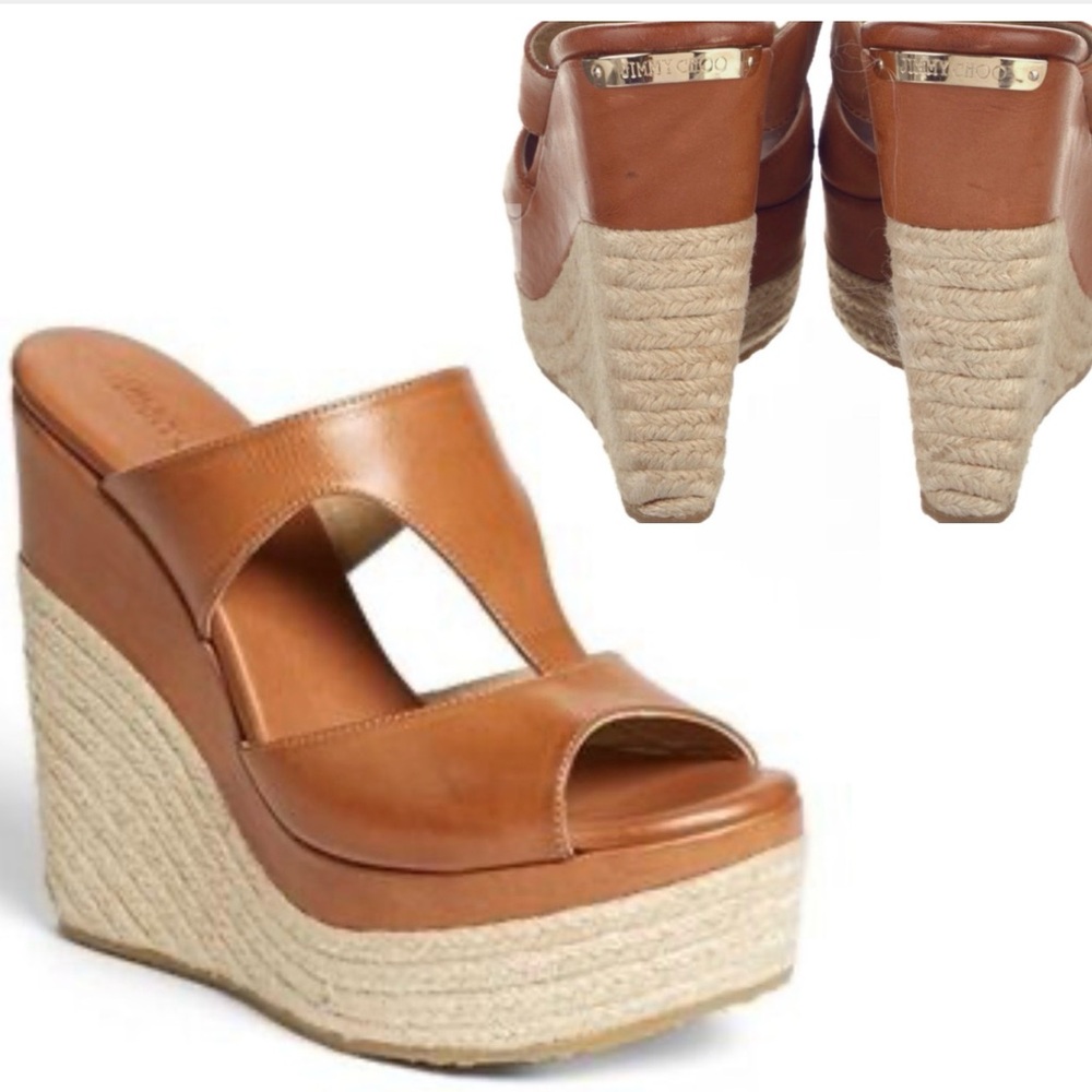Jimmy Choo Tan Leather Espadrille Wedge Sandals